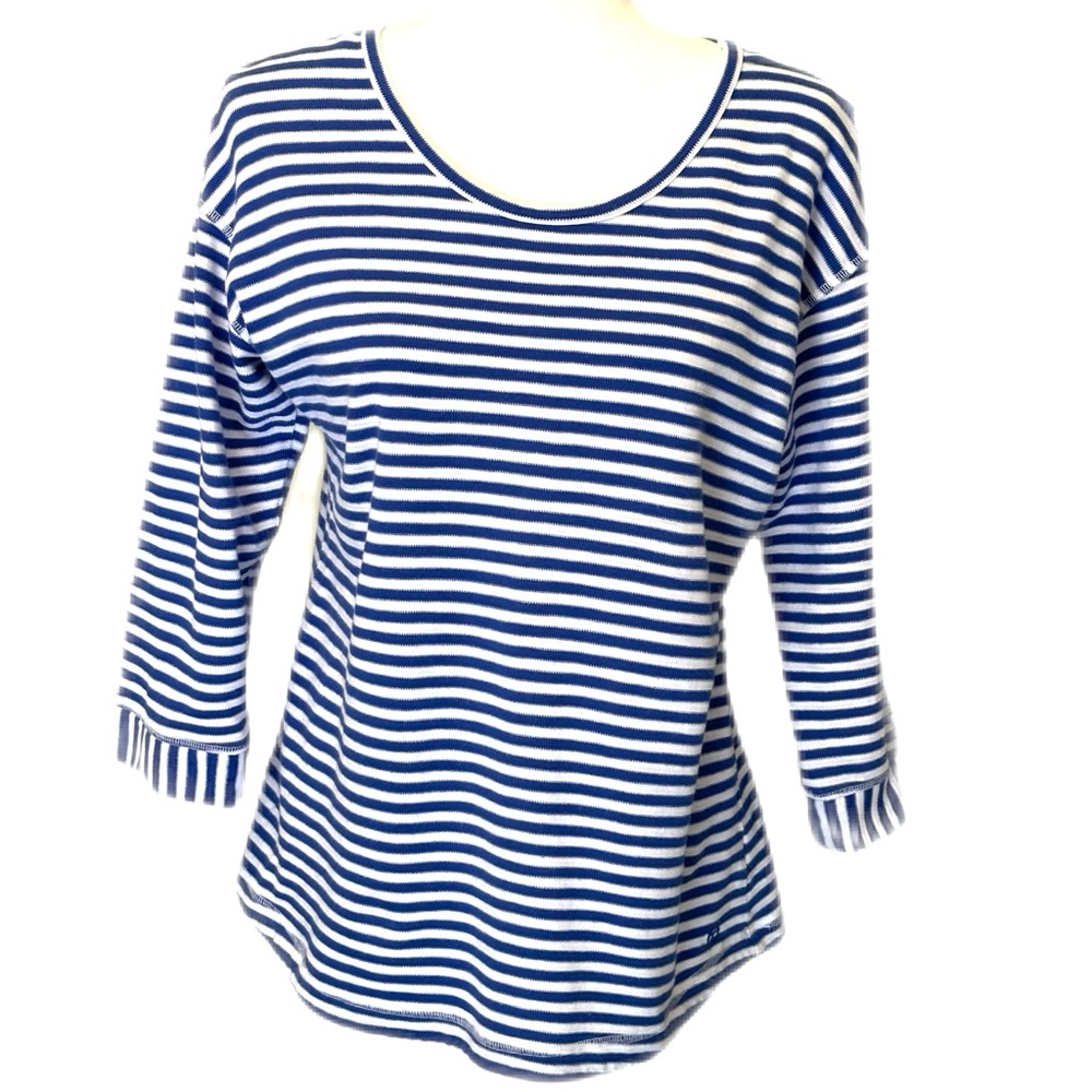 T By Talbots Women’s Blue/White Stripe Top | Twisted keyhole back | Size…